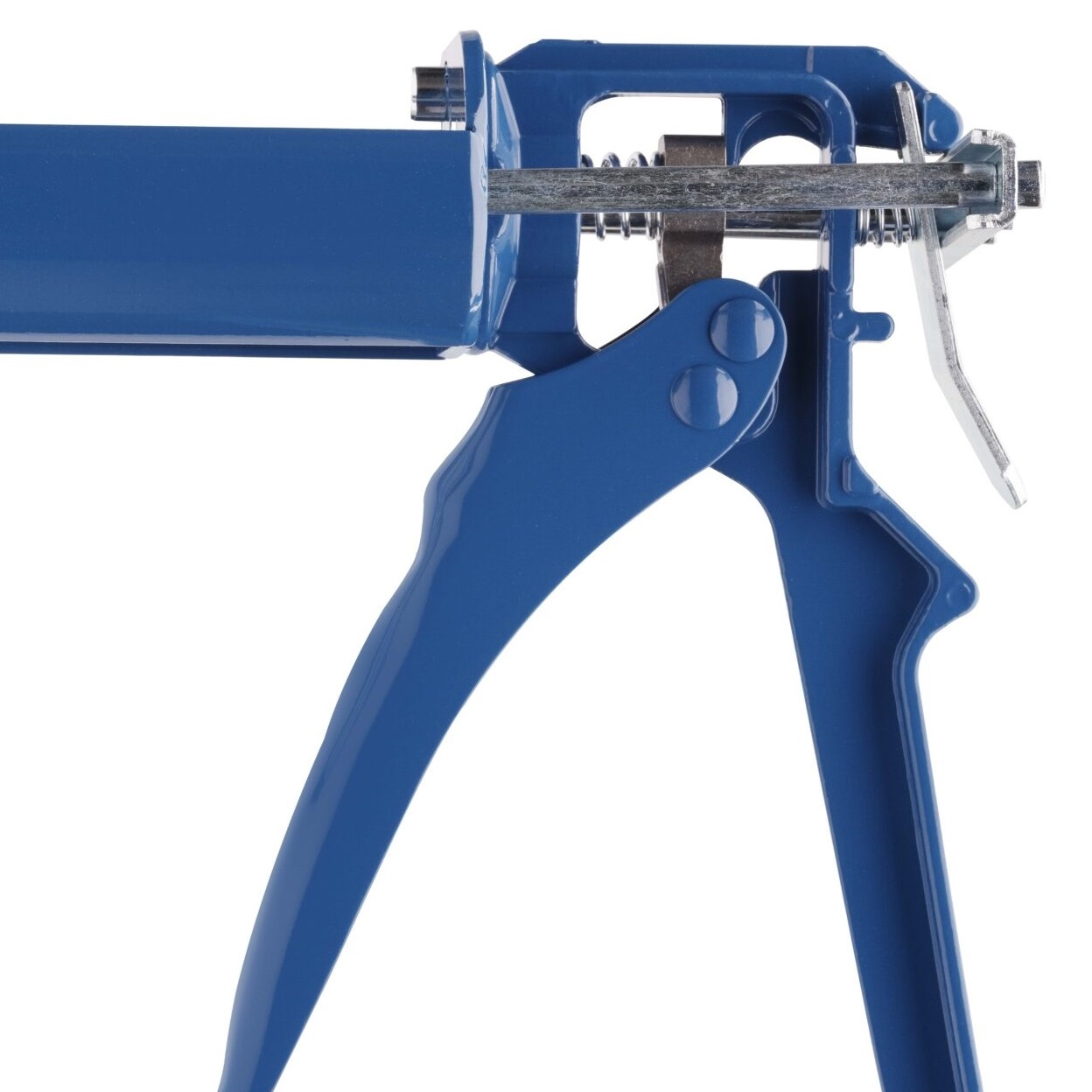 Close-up of a blue epoxy grout application gun showing the handle and trigger mechanism.