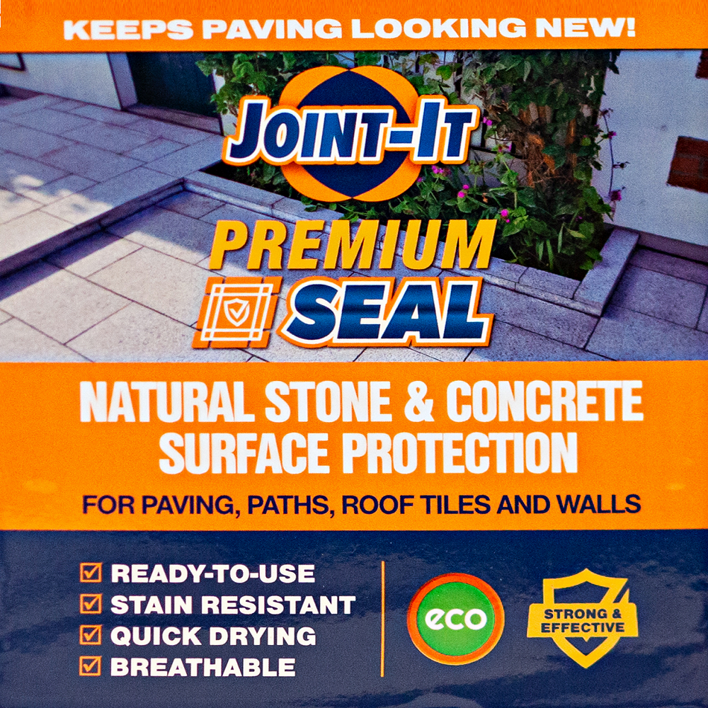 Packaging of Joint It Premium Seal for stone and concrete protection, highlighting features like stain resistance and quick drying.