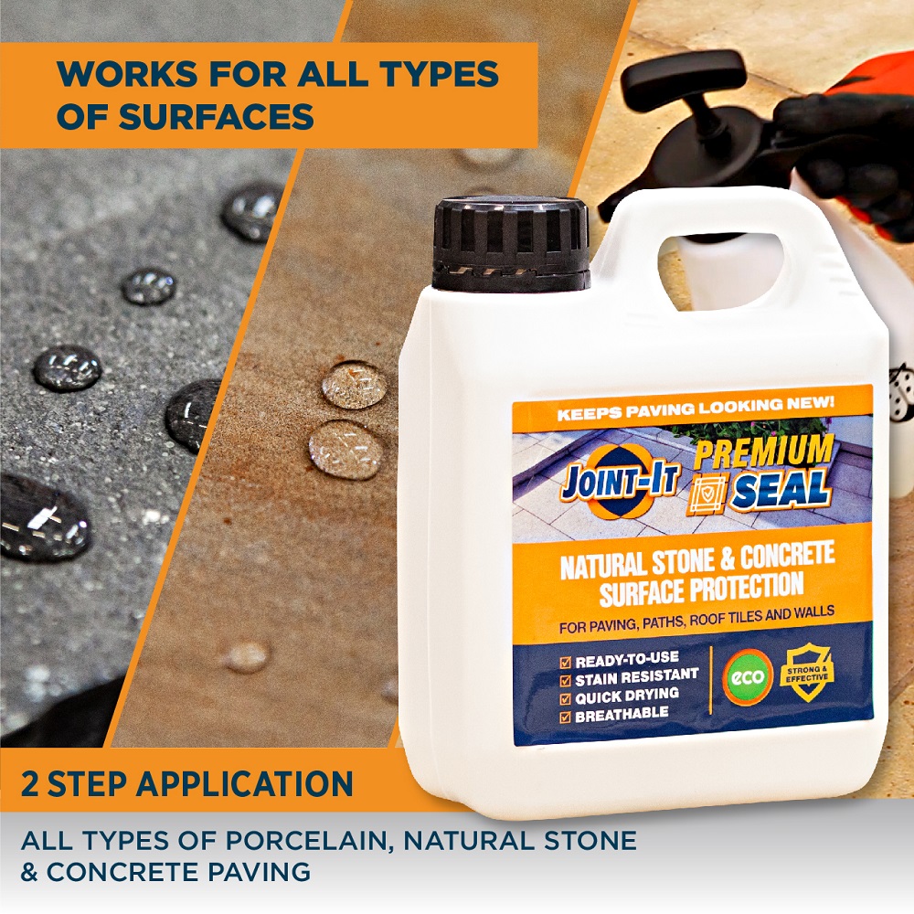  Joint It Premium Seal 5L container for paving protection with water droplets on stone surface.
