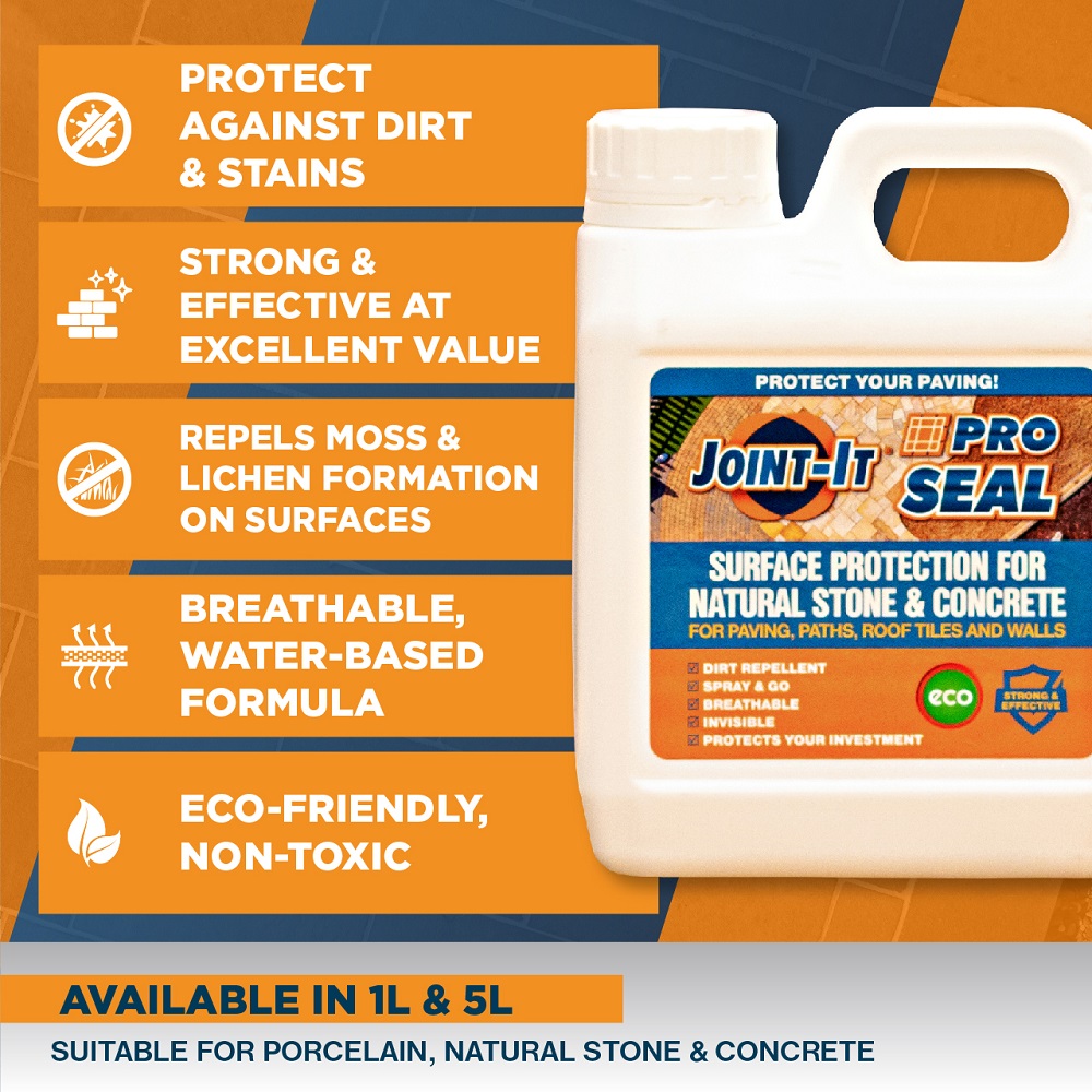  Joint It Pro Seal Trade Paving and Concrete Sealer 1L bottle with features listed such as protection against dirt, strong value, moss repellent, breathable formula, and eco-friendly.