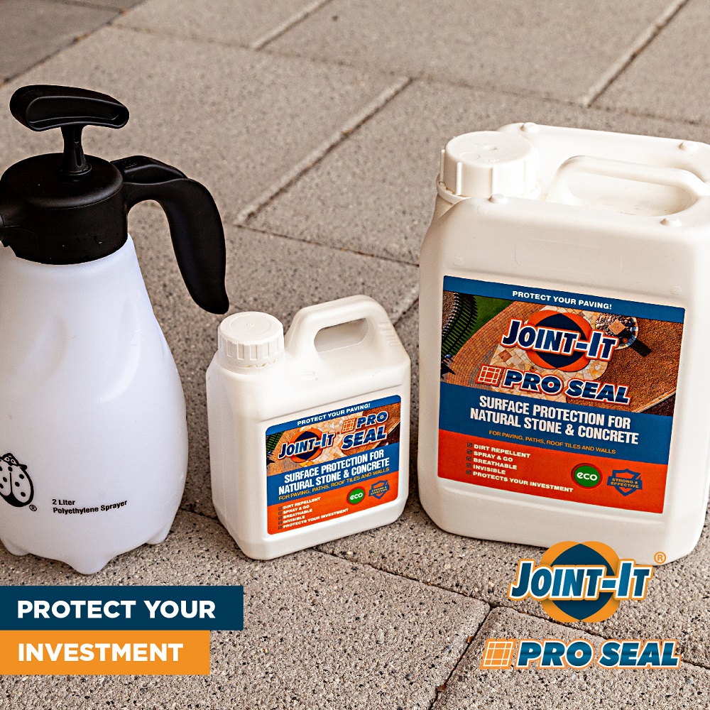 Joint It Pro Seal Trade Paving and Concrete Sealer bottles on paving slabs.