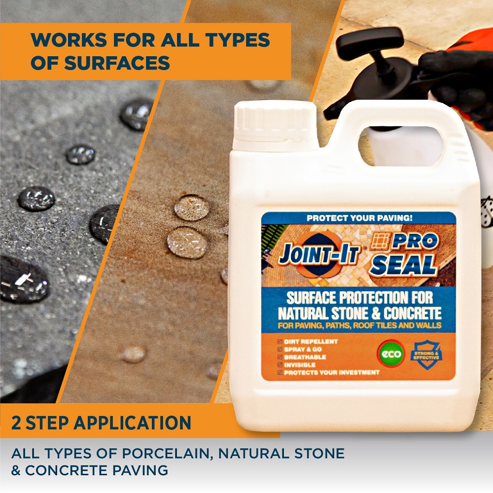 Joint It Pro Seal Trade Paving and Concrete Sealer 1L bottle with water droplets on stone surface.