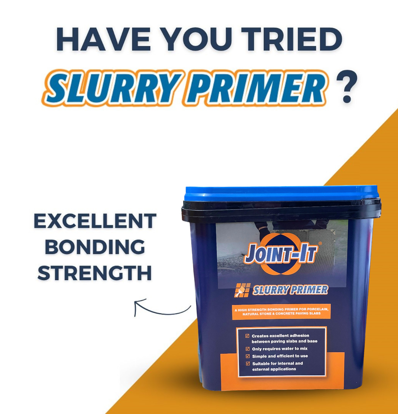 17kg tub of Joint It Heavy-Duty Slurry Primer for paving bonding, with text highlighting excellent bonding strength.
