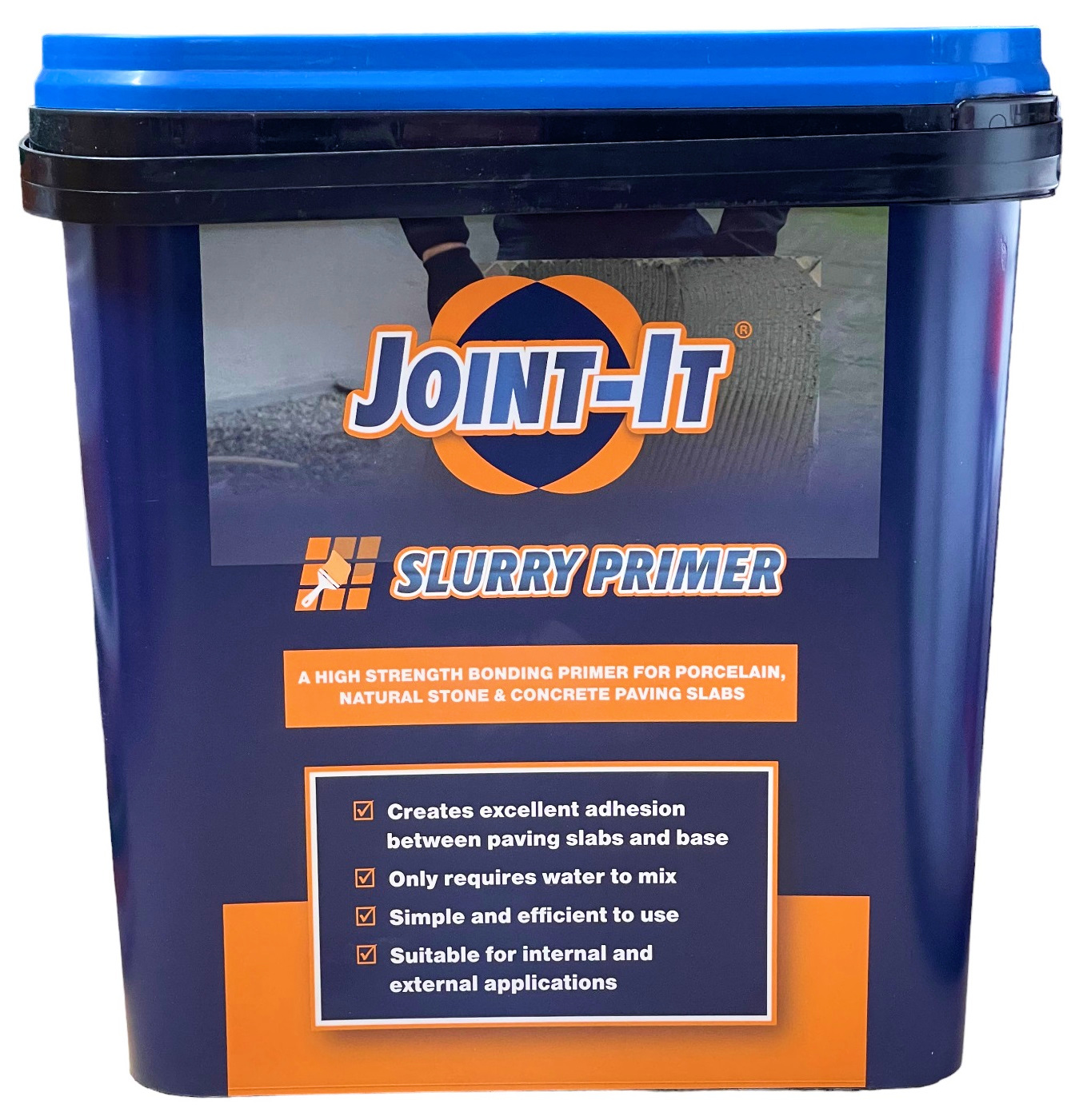 A 17kg tub of Joint It Heavy-Duty Slurry Primer for paving bonding, featuring product details on the label.