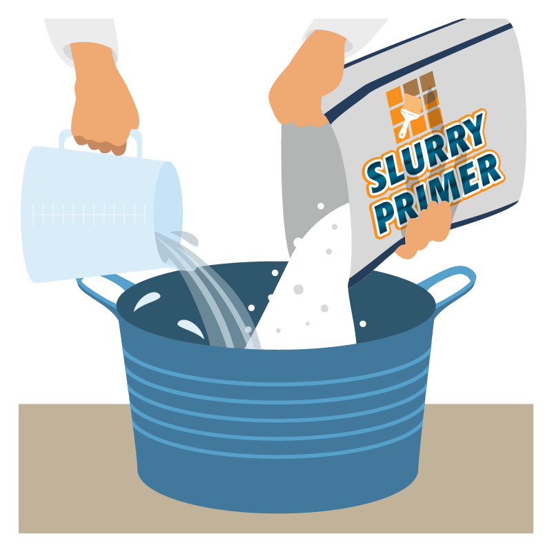 Illustration of a person pouring Joint It Slurry Primer into a container with water.