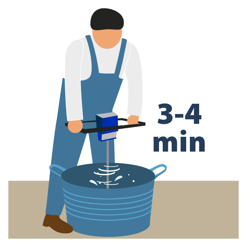 Illustration of a person mixing slurry in a large container with a tool, showing a 3-4 minute mixing time.