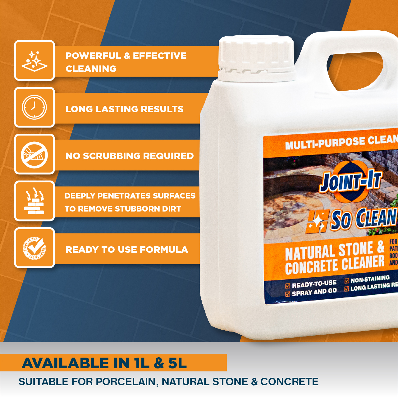  a 5L container of Joint It So Clean Masonry Patio and Stone Cleaner with features highlighted such as powerful cleaning, long lasting results, and no scrubbing required.