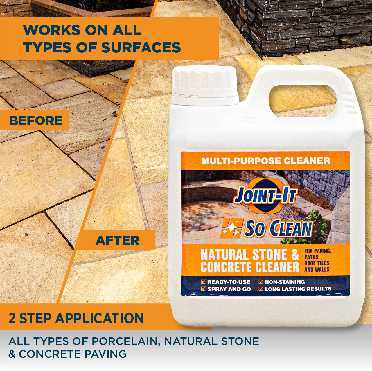 Joint It So Clean Masonry Patio and Stone Stain Cleaner 1L bottle with before and after cleaning results on a patio surface.