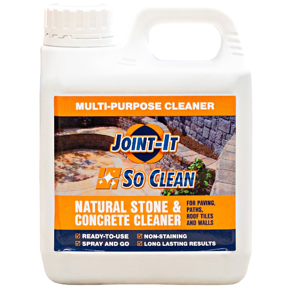 Joint It So Clean Masonry Patio and Stone Stain Cleaner 1L bottle with label showing usage for natural stone and concrete surfaces.