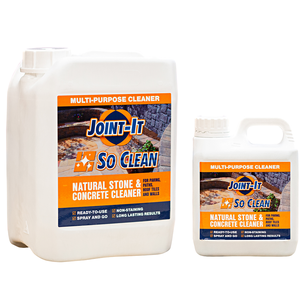 Two containers of Joint It So Clean Masonry Patio and Stone Stain Cleaner, featuring labels indicating use for natural stone and concrete.