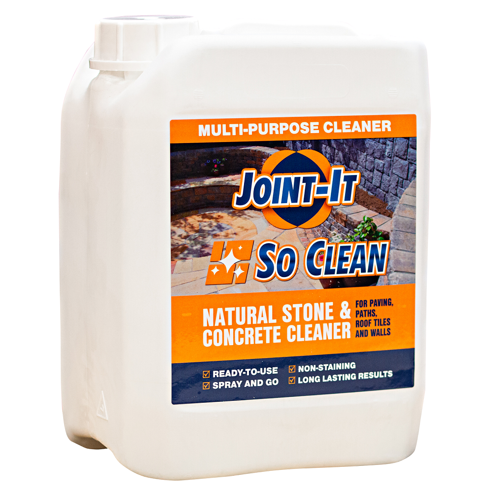 Container of Joint It So Clean Masonry Patio and Stone Cleaner 5L with label showing usage for natural stone and concrete surfaces.