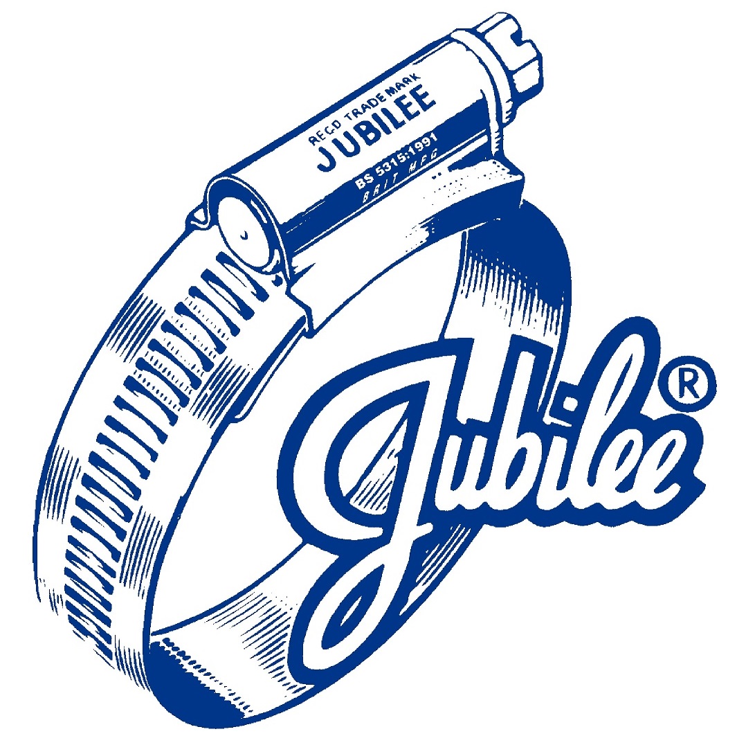 Illustration of a Jubilee hose clip with branding and size details.