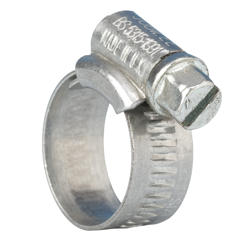 Close-up of a Jubilee Original Hose Clip 11mm to 16mm, showing its metal construction and screw mechanism.