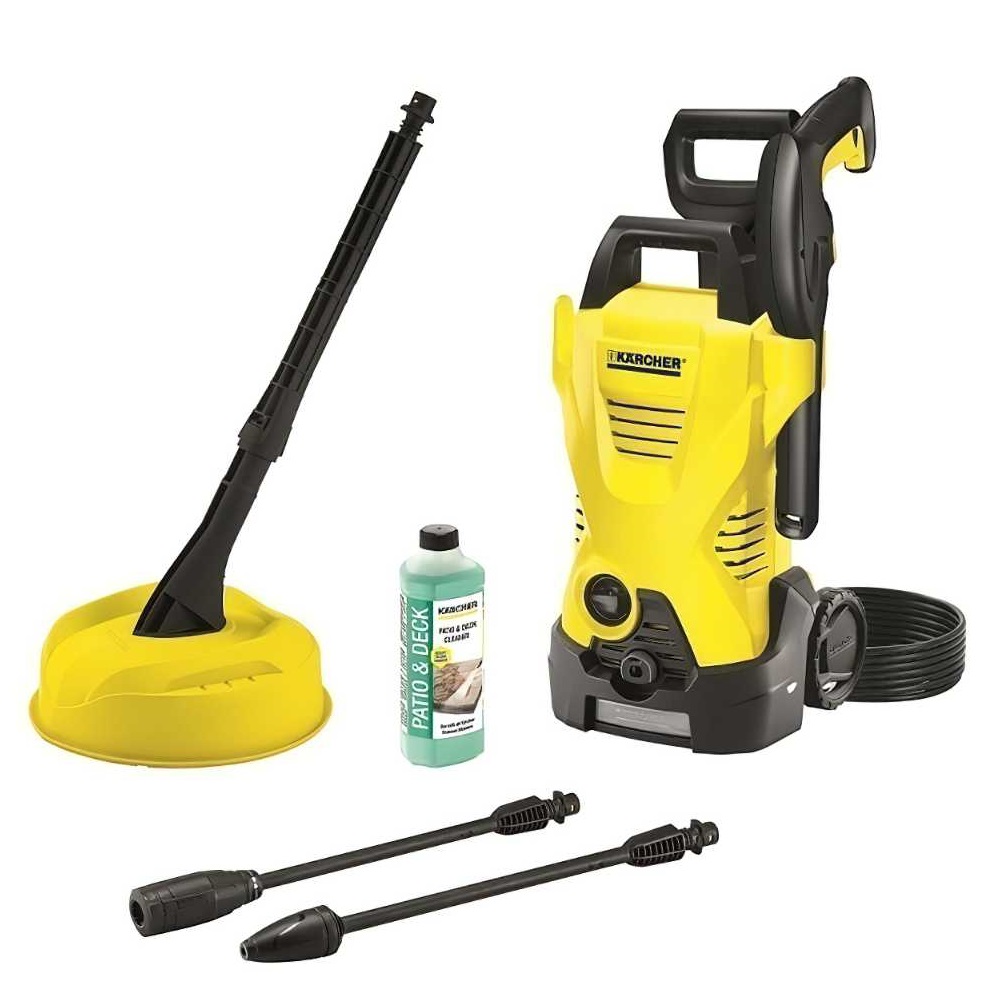 Karcher K2.850 Pressure Washer with accessories including a patio cleaner, detergent bottle, and nozzles.