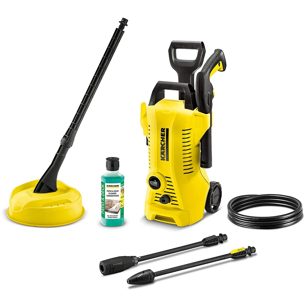 Karcher K2.850 Pressure Washer with accessories including patio cleaner, detergent, hose, and nozzles.