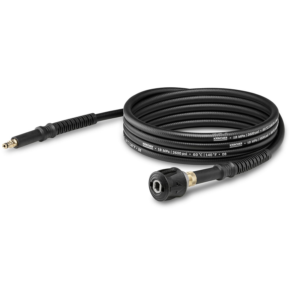 Black coiled extension hose with quick connect fittings for Karcher pressure washers.