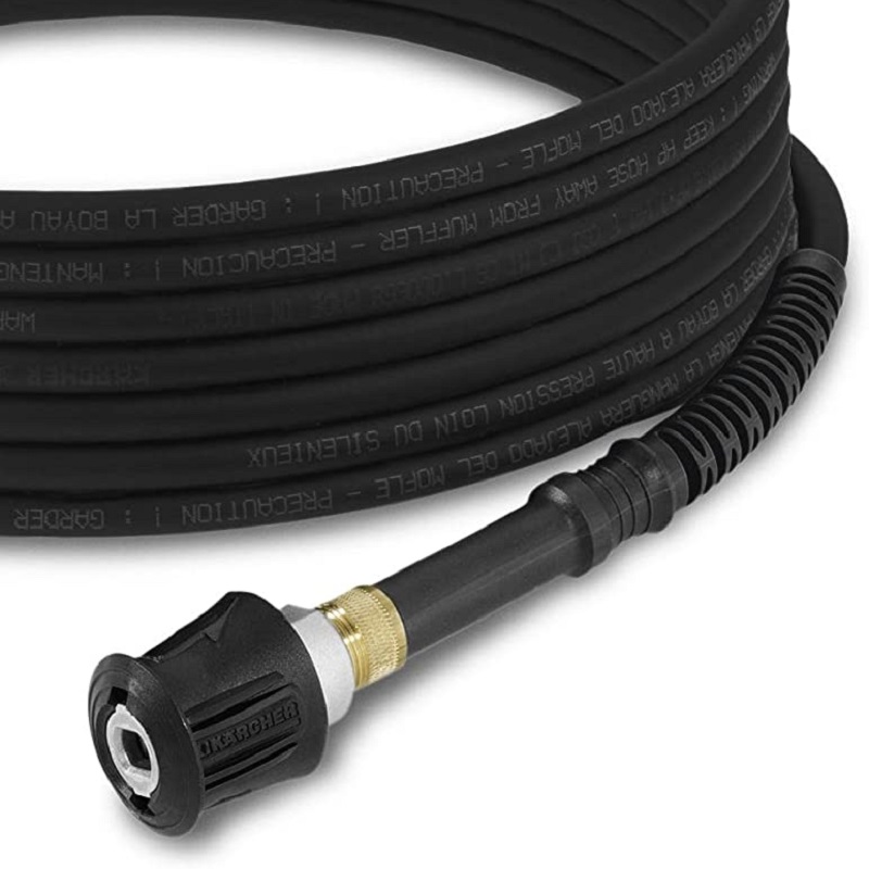 Black extension hose with quick connect fitting for Karcher pressure washers.