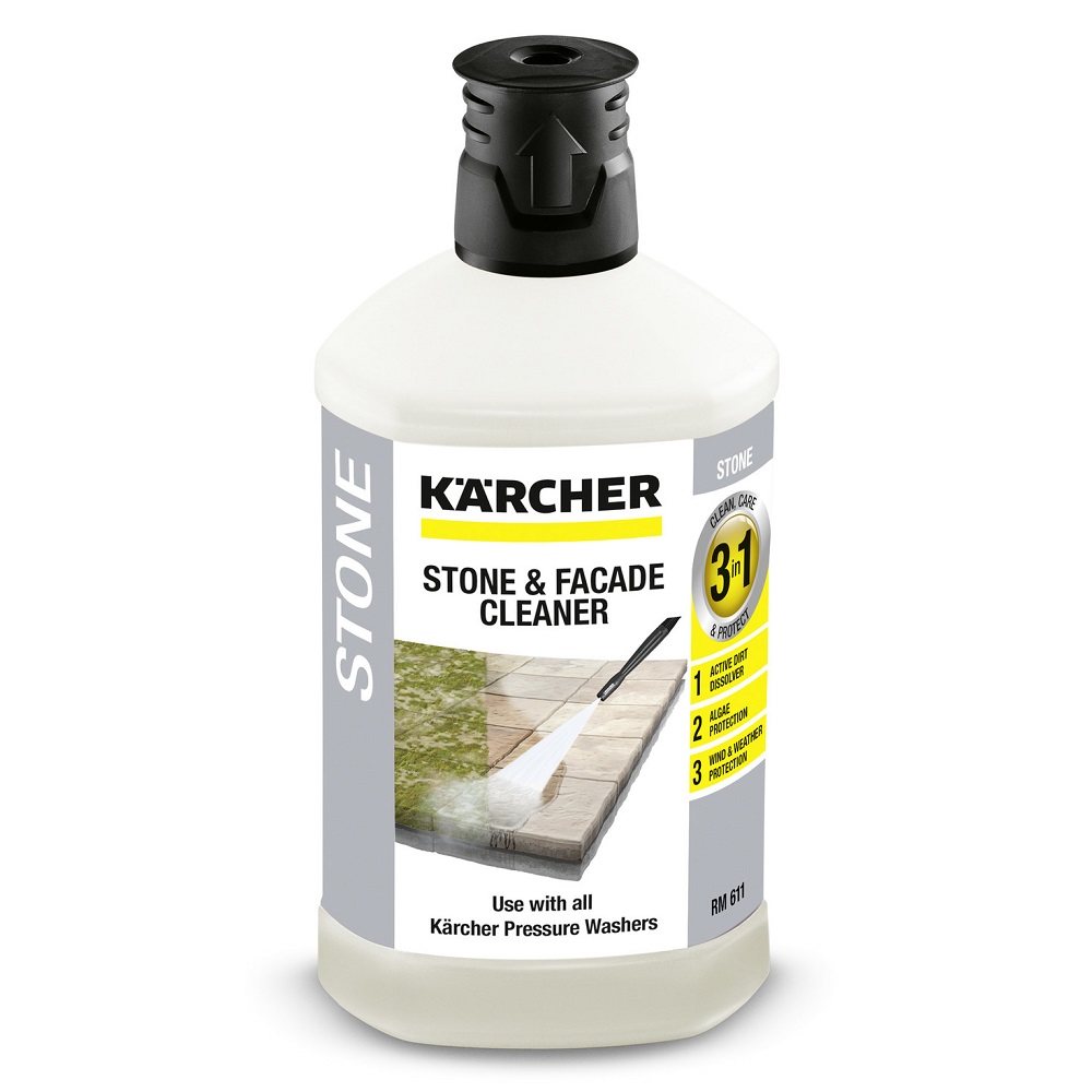 Bottle of Karcher Stone Path, Patio and Facade Cleaner Liquid Concentrate RM611 with label showing usage instructions.