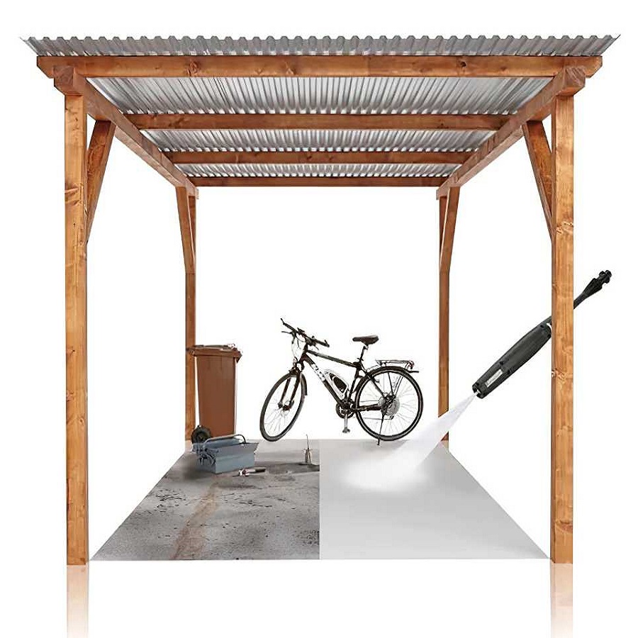 Pressure washer cleaning a concrete surface under a wooden shelter, with a bicycle and bin nearby.