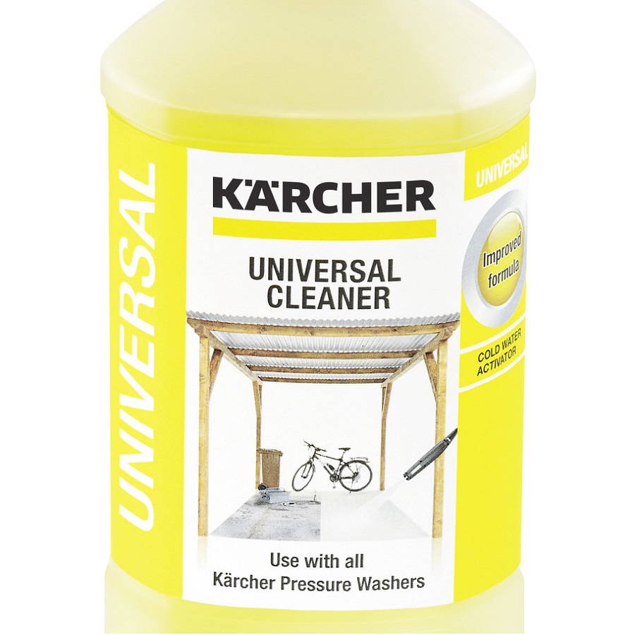 Karcher Universal Pressure Washer Cleaner Concentrate 1L bottle with label showing a bicycle and wooden structure.