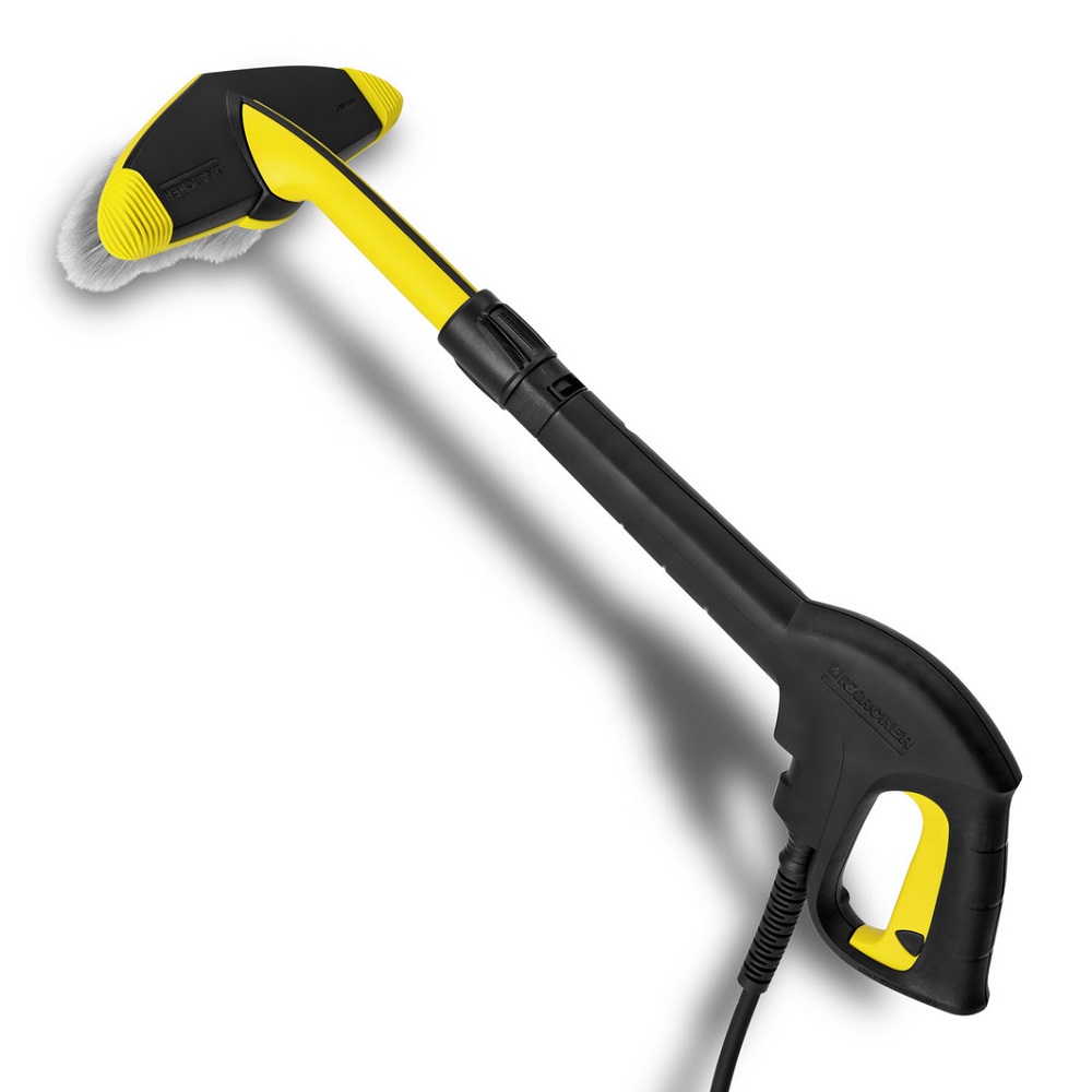 Karcher soft brush pressure washer attachment with a yellow and black design for gentle cleaning.
