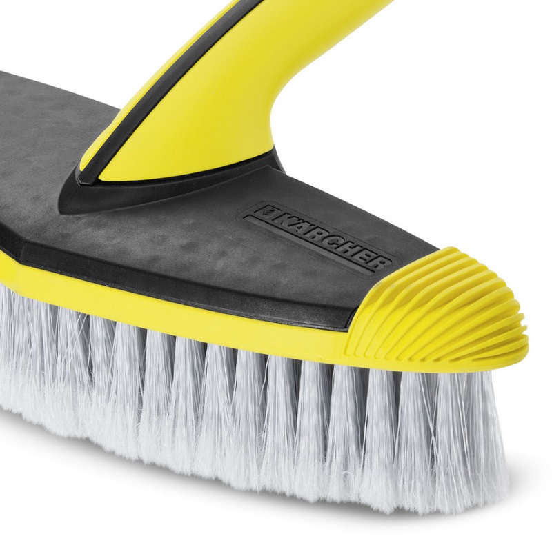 Karcher soft brush attachment with yellow and black handle and white bristles for pressure washers.