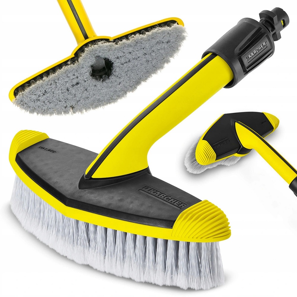 Karcher soft brush pressure washer with yellow and black handle, featuring soft bristles for gentle cleaning.
