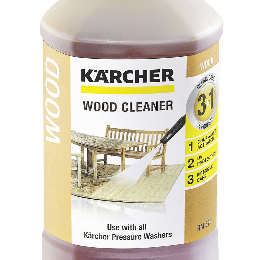 Bottle of Karcher Wood Cleaner 3-in-1 Concentrate with label showing cleaning features.