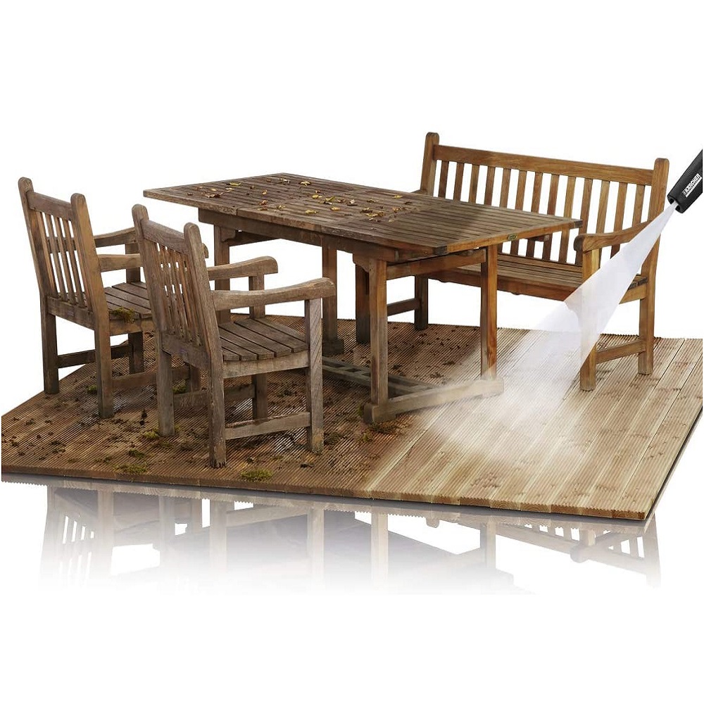 Wooden outdoor furniture being cleaned with a pressure washer, showing a clear difference in cleanliness on the decking.