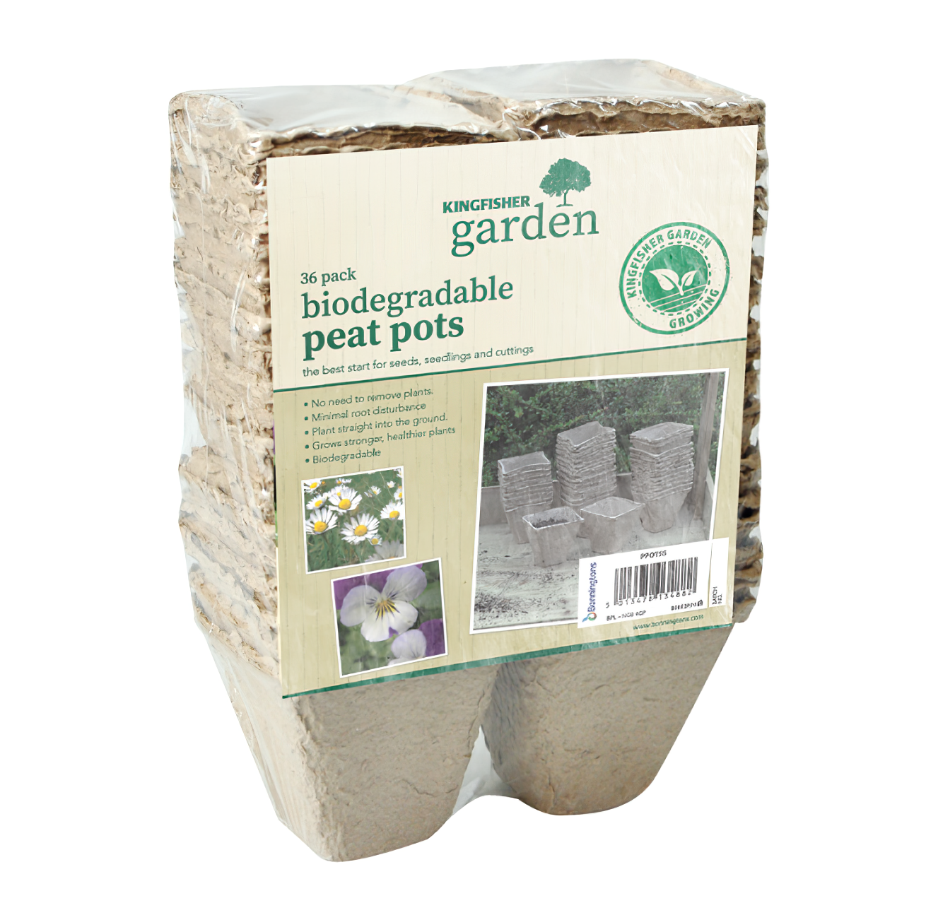 Pack of 36 Kingfisher Garden biodegradable square peat pots, each measuring 3 inches, suitable for growing seeds and cuttings.