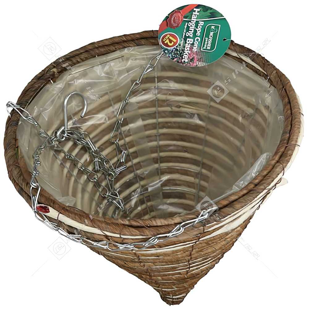 Natural rope cone-shaped hanging flower basket with chains.