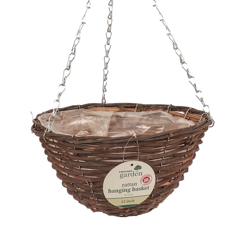 12 inch dark rattan willow wicker round hanging flower basket with metal chains.