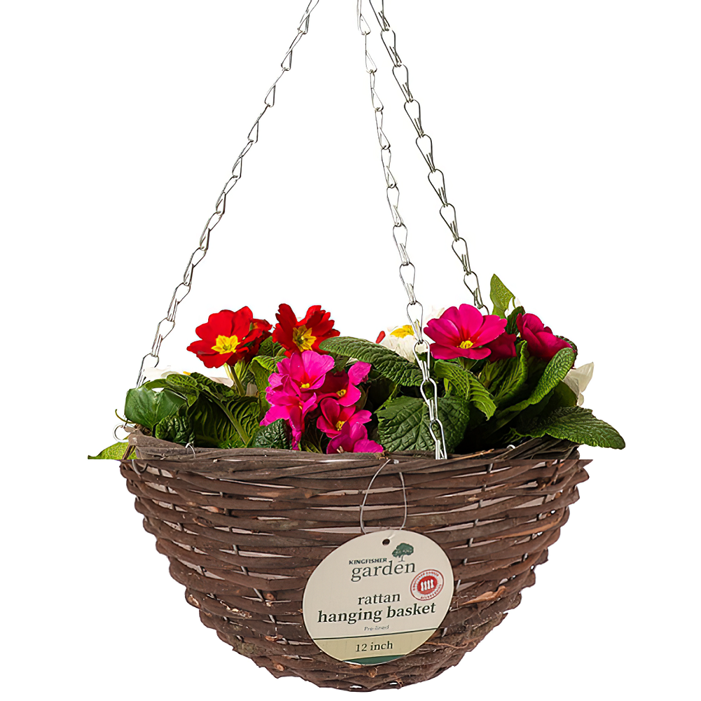 A 12 inch round hanging flower basket made of dark rattan willow wicker, filled with colourful flowers.