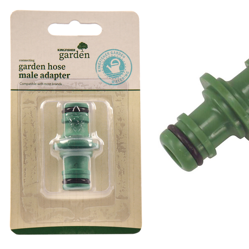 Packaging of Kingfisher Garden Hose Male Adapter with a close-up view of the green adapter.