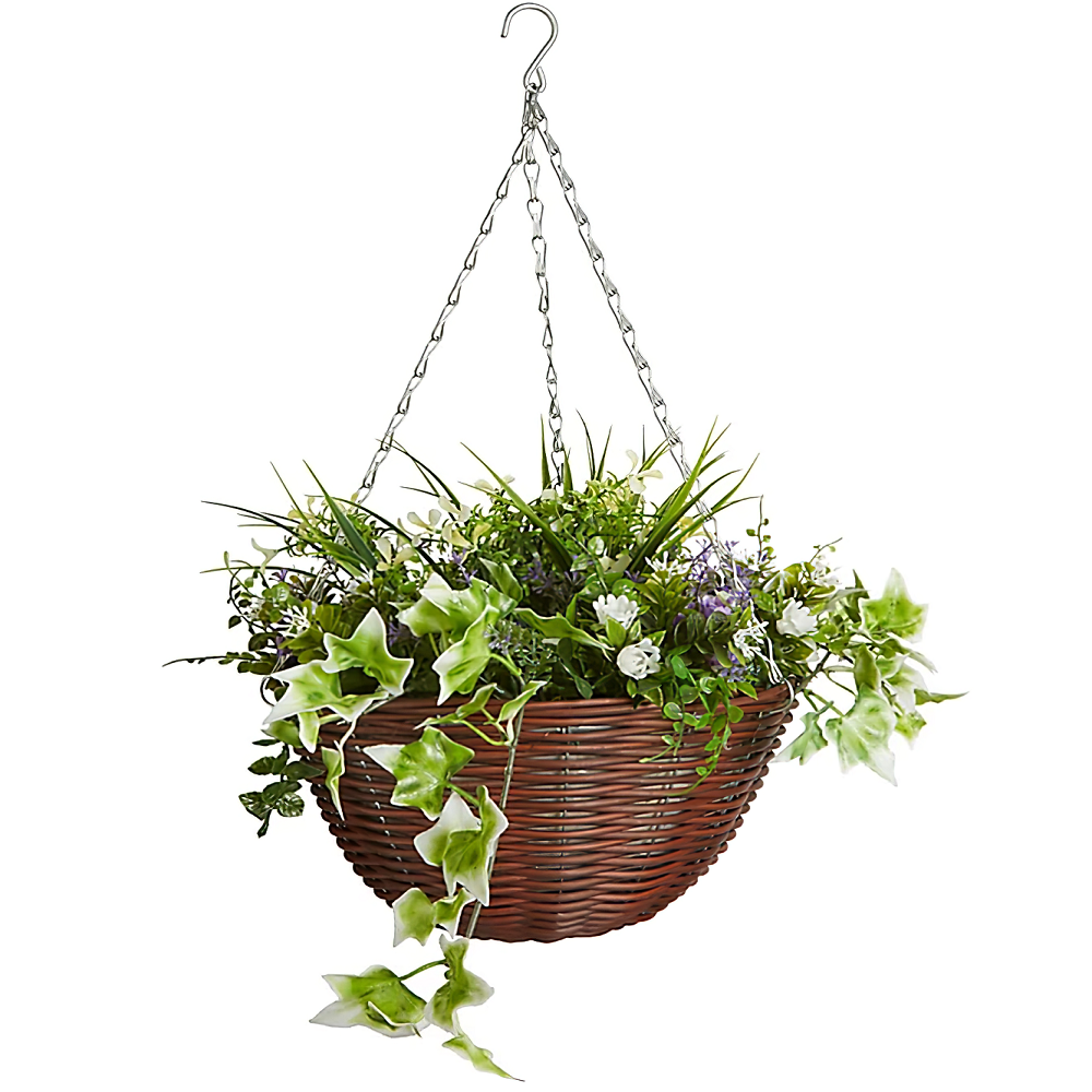 A 14-inch galvanised hanging basket with a triple chain, filled with green and white plants.
