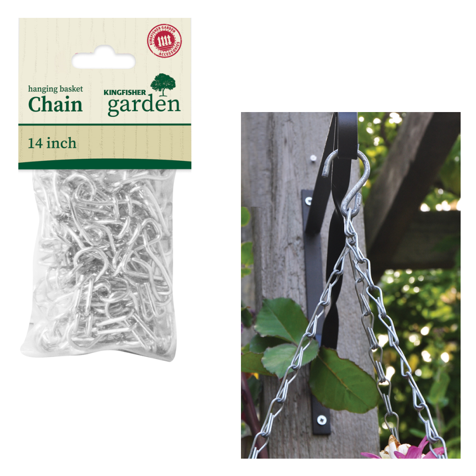Galvanised replacement hanging basket chain with packaging and example of use on a garden hook.