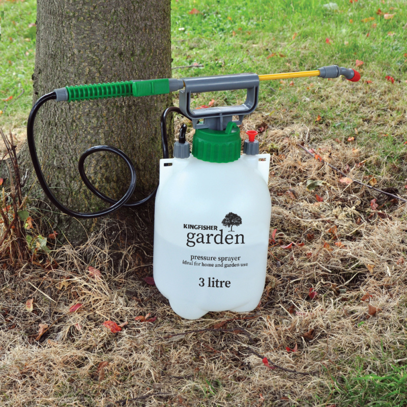 Kingfisher Garden 3L pump action sprayer next to a tree on grass.