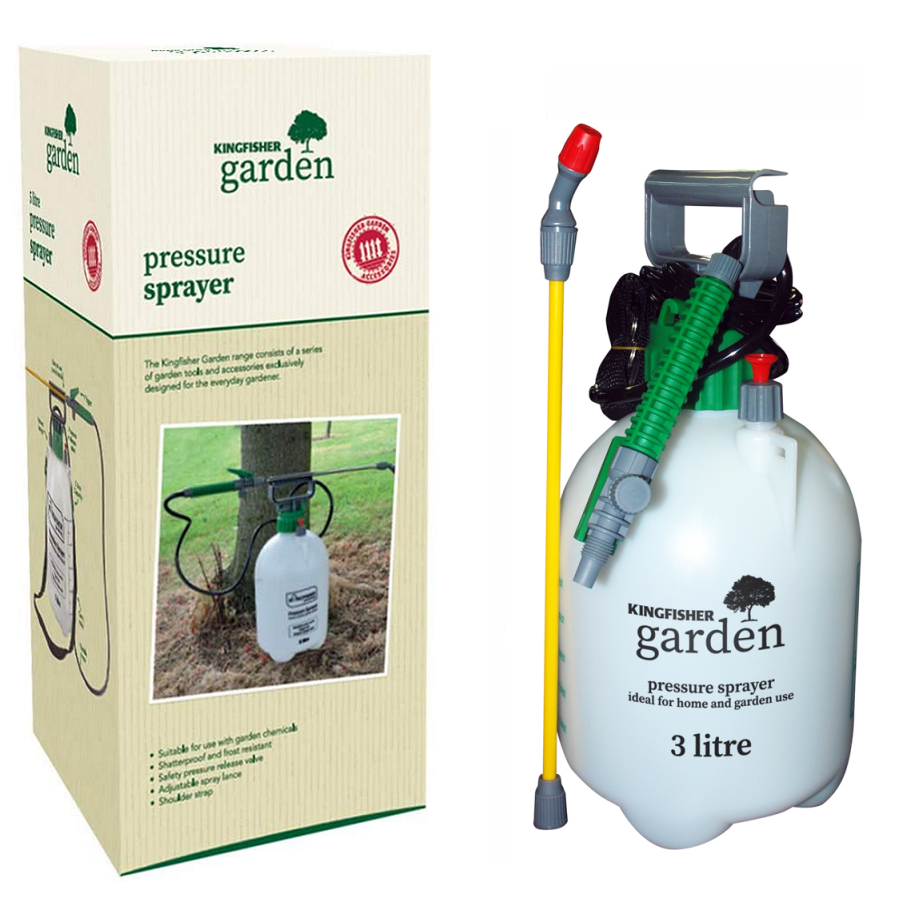 Kingfisher Garden 3L pump action garden sprayer with yellow spray lance and red nozzle, shown alongside its packaging.
