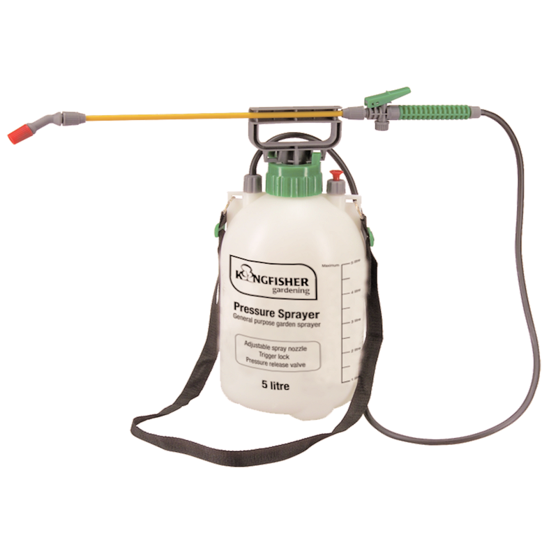 Kingfisher Garden 5L Pump Action Pressure Sprayer with adjustable nozzle and strap.