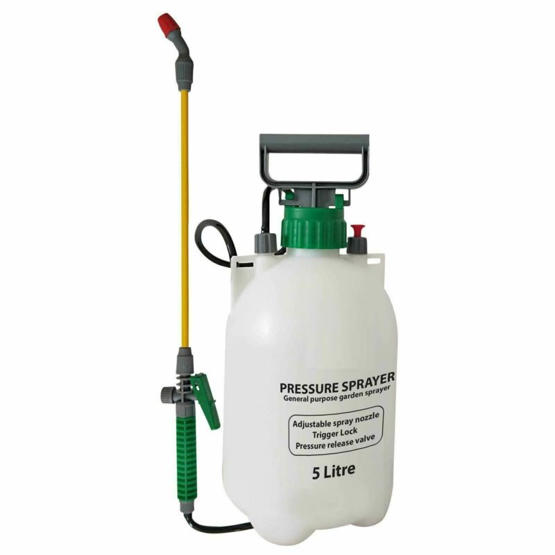 5 litre garden pressure sprayer with adjustable nozzle and trigger lock.