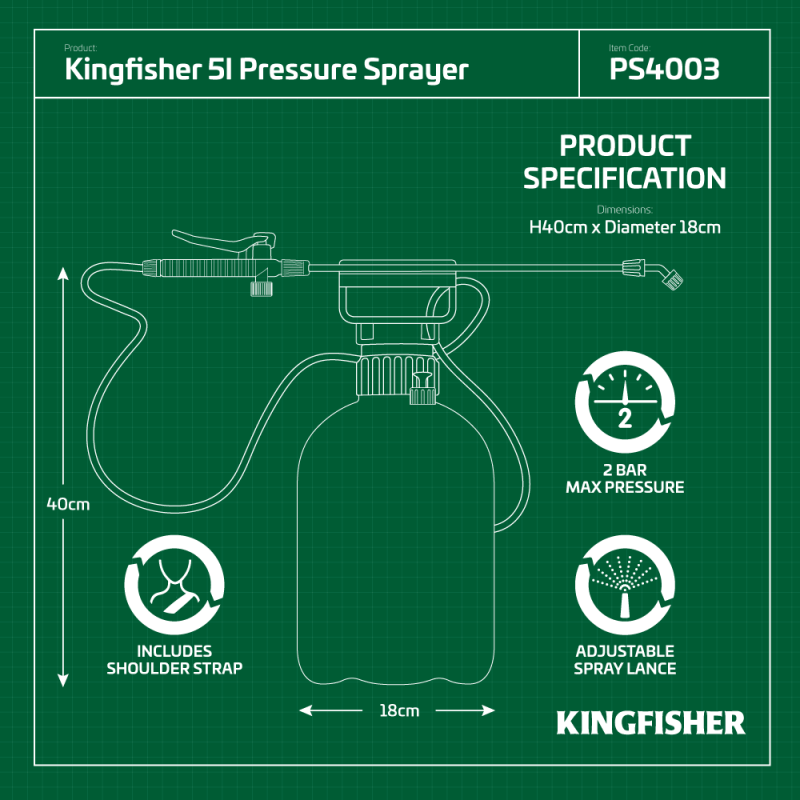 Diagram of Kingfisher 5L Pump Action Pressure Garden Sprayer with specifications, including dimensions and features such as adjustable spray lance and shoulder strap.