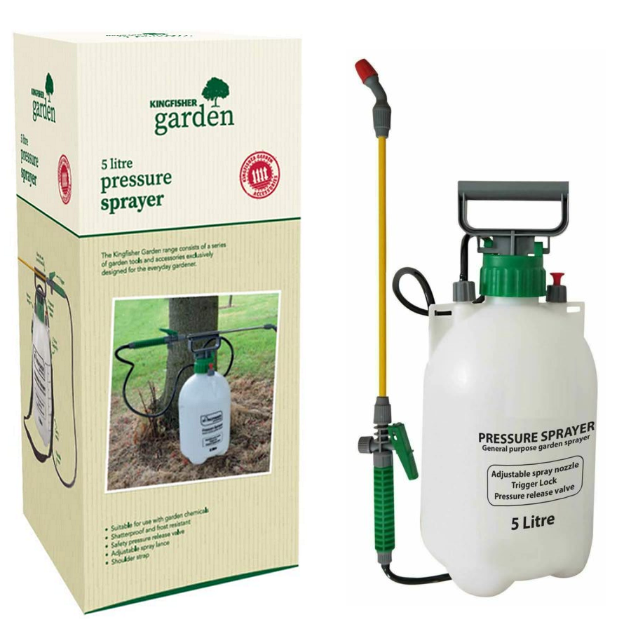 Kingfisher Garden 5L Pump Action Pressure Garden Sprayer with box packaging, featuring a white container, green nozzle, and yellow lance.