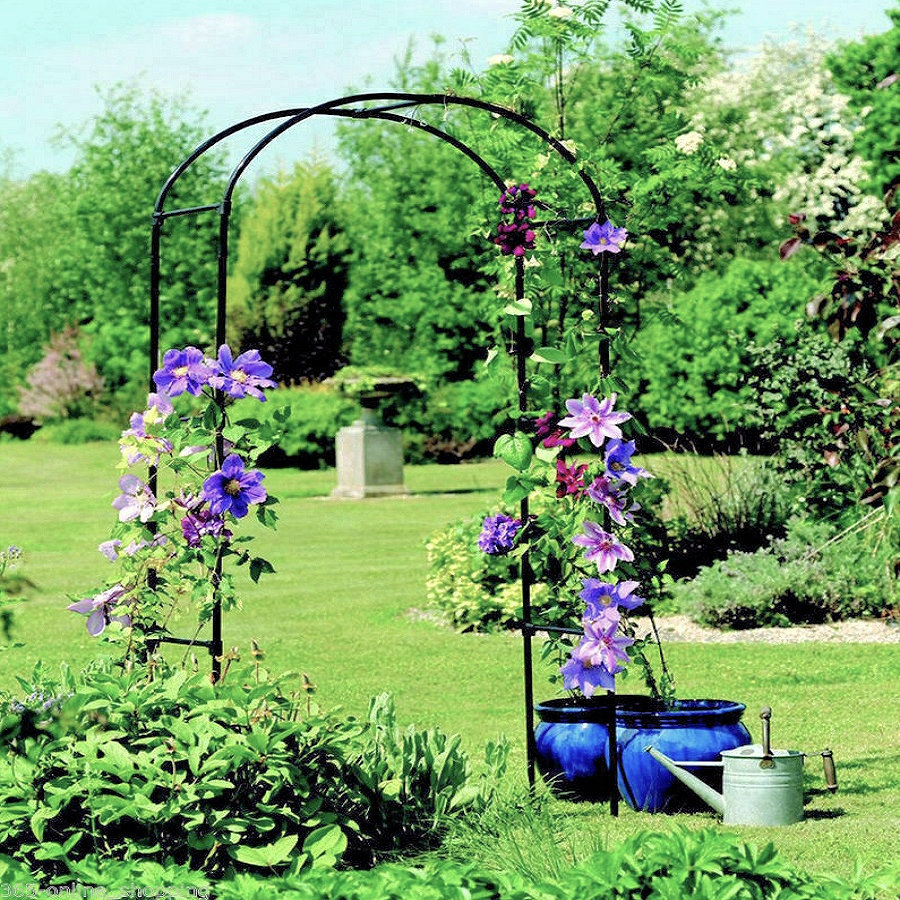A garden archway with climbing plants and flowers in a lush green garden setting.