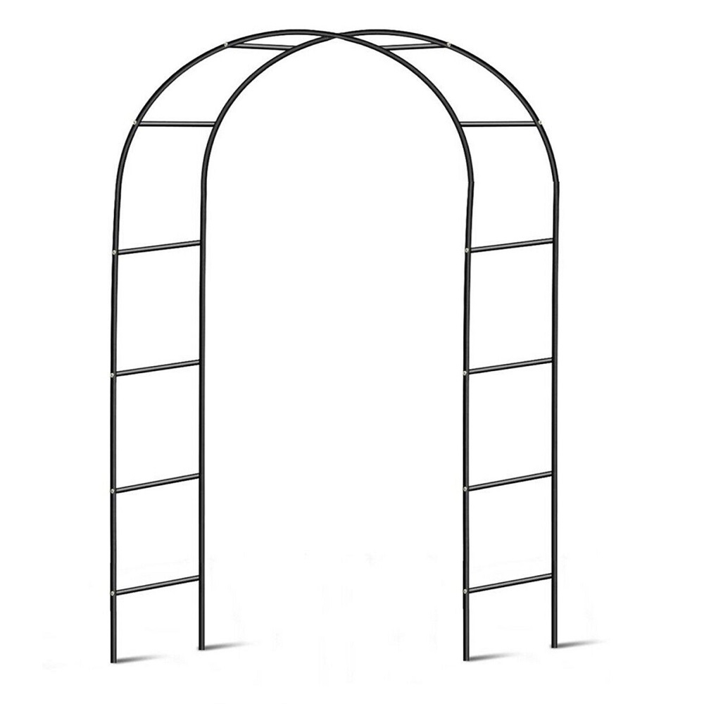 Black tubular metal archway for climbing plants with a simple design.