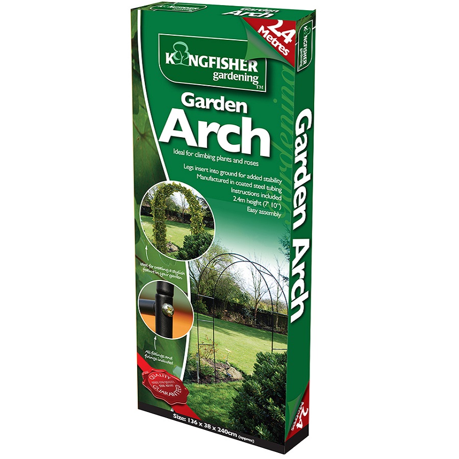 Packaging for Kingfisher Garden Tubular Metal Archway for Climbing Plants, showing product features and dimensions.