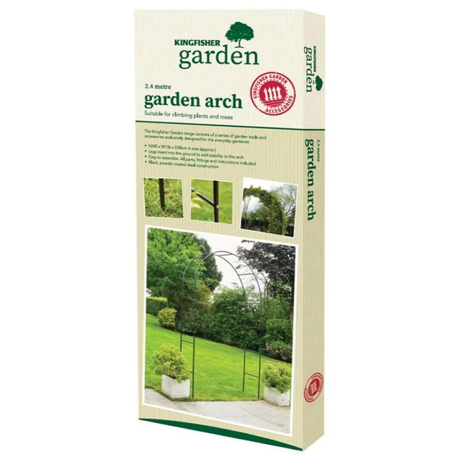 Packaging of Kingfisher Garden Tubular Metal Archway for Climbing Plants 2.4m with images of the archway in a garden setting.