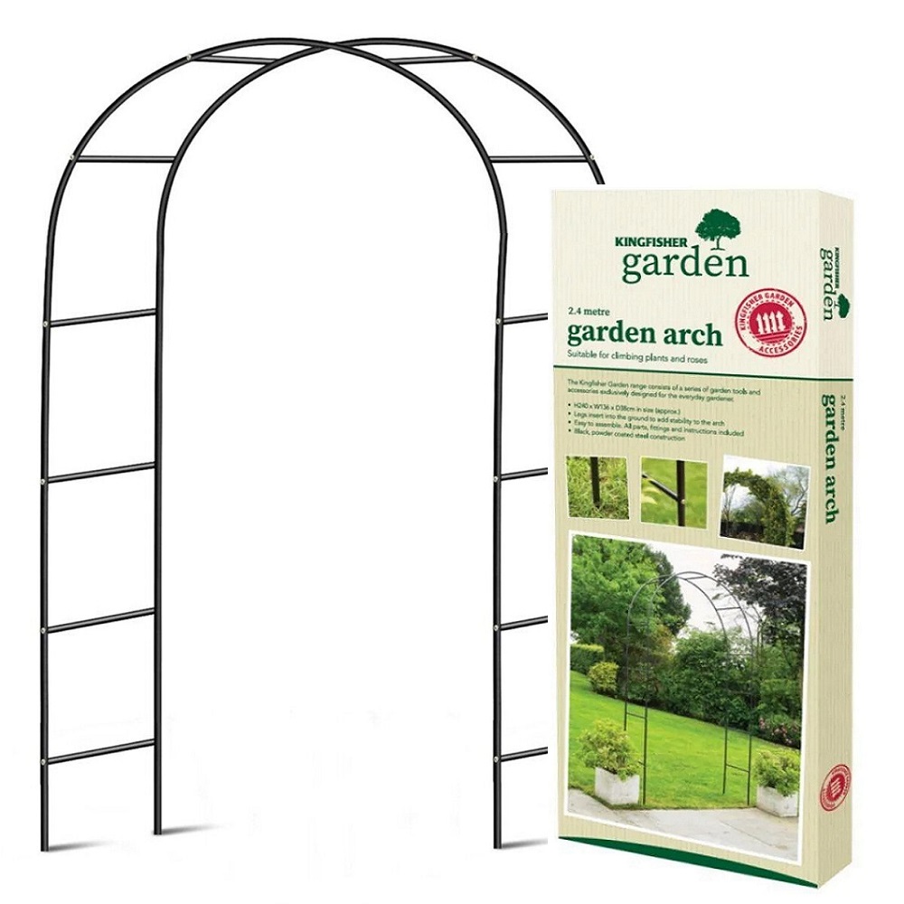 Kingfisher Garden Tubular Metal Archway for climbing plants, 2.4 metres tall, with packaging box showing product details and garden use.
