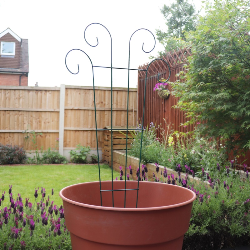 Metal plant support in a garden setting with a large terracotta pot and surrounding greenery.