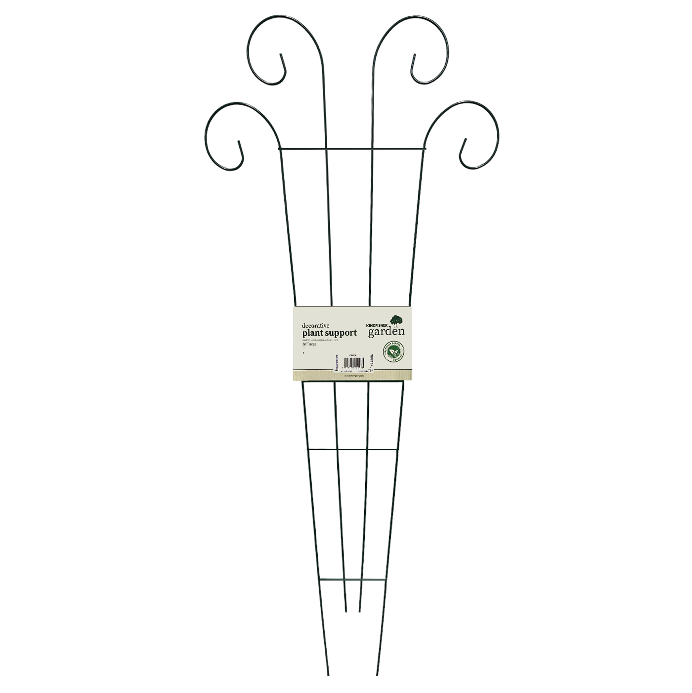Decorative metal plant support with scroll design, 36 inches tall.