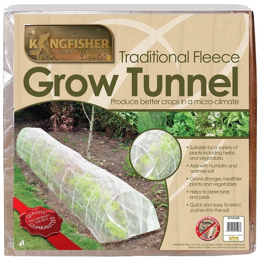 Kingfisher Garden 3m Traditional Fleece Grow Tunnel for Frost Protection packaging showing a garden setup with the tunnel in use.